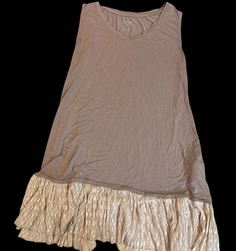 LOGO Lori Goldstein Taupe Sleeveless Tunic dress , Large Ruffle Hem V Neck - Picture 2 of 5